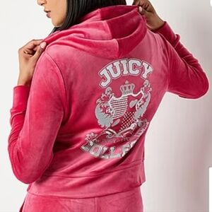 Womans Juicy Couture Hooded Velour Monogram Bling Hoodie Rose Small NWT$59
